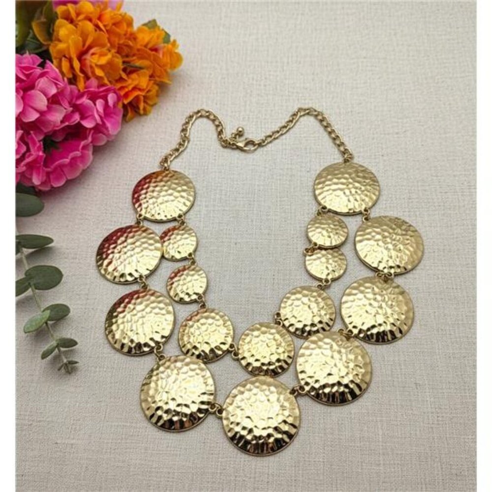 Hammered Gold Tone Disc Statement Necklace Layered Circle Bib 23 In adj. Modern